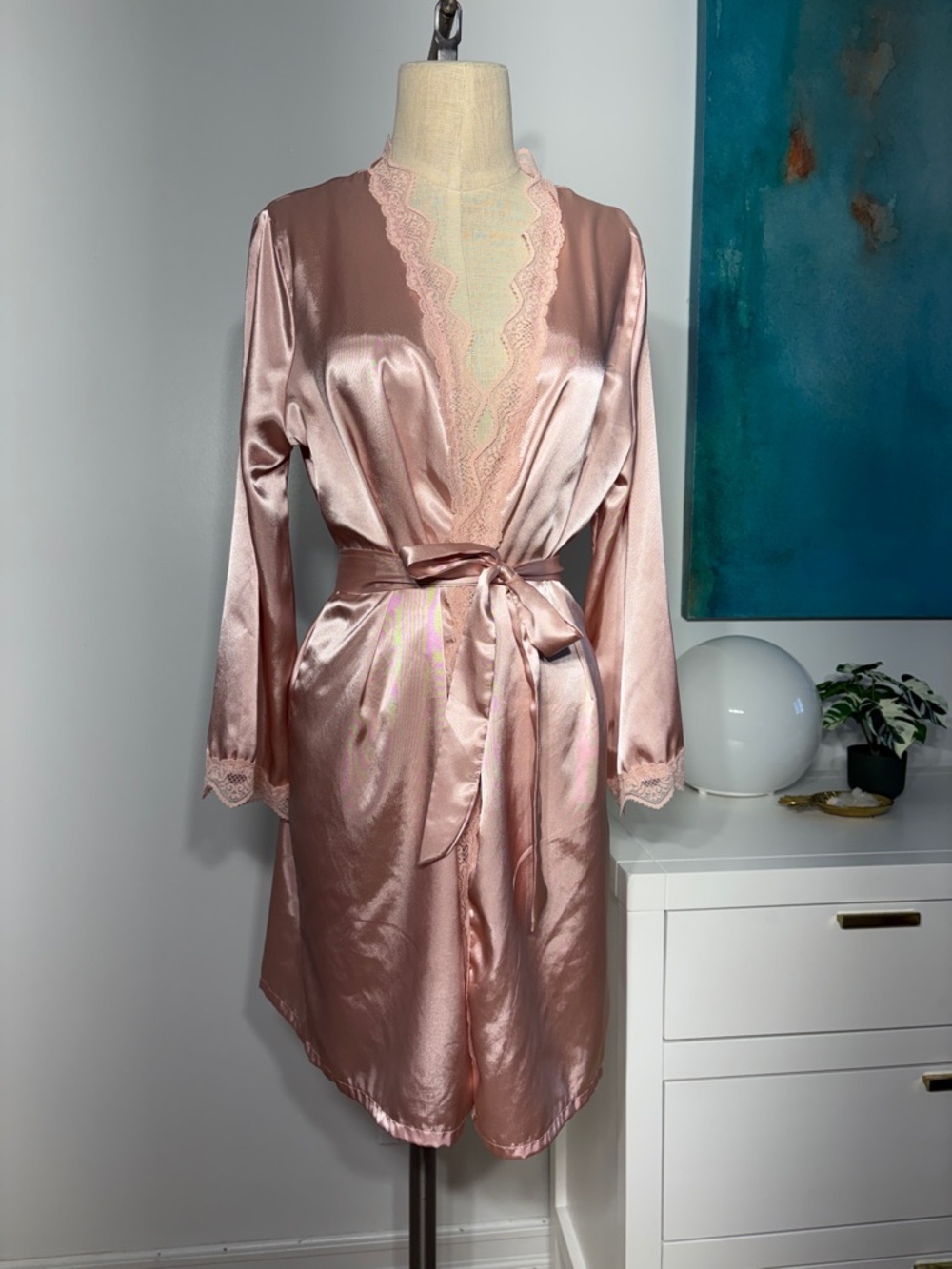 Satin Lace Trim Robe - Blush Pink